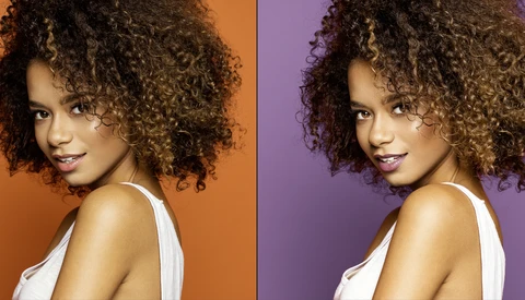 Portrait comparison showing identical pose against warm orange and cool purple backgrounds.
