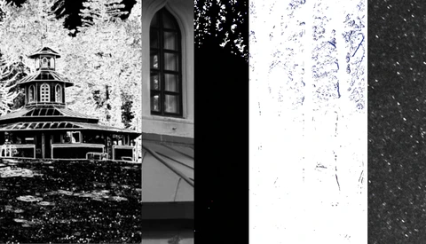 Collage of six black and white architectural and textural photographs arranged vertically.