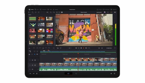Screenshot of video editing software displaying a colorful street mural footage in the main timeline and preview window.