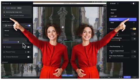 Screenshot of photo editing software showing mirrored portrait of woman in red dress with urban backdrop.