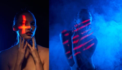 Split-screen portrait of a model with neon blue and red body paint and lighting against dark backgrounds.