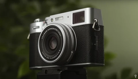 Fujifilm X100 compact rangefinder camera with chrome and black body against blurred green background.