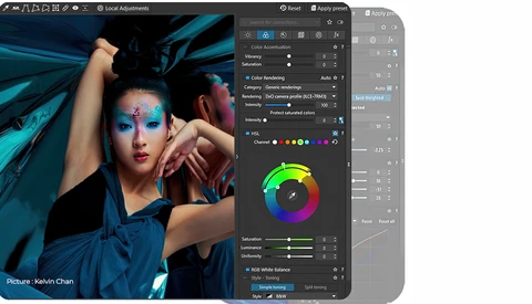 Screenshot of photo editing software showing color grading adjustments on portrait with blue and teal tones.