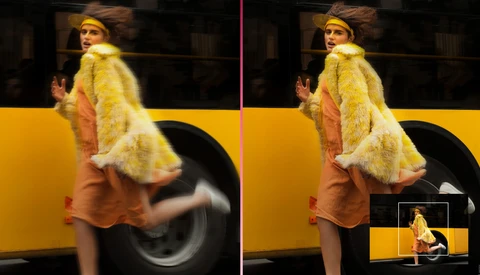 Side-by-side comparison showing a woman in a yellow fur coat posing against a yellow taxi, with the right image displaying a smaller framed version of the scene.