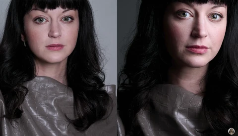 Portrait diptych showing a woman with black wavy hair in profile and three-quarter view against neutral backgrounds.