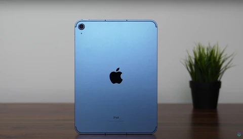 iPad in blue displaying Apple logo, positioned upright on wooden surface next to potted plant.