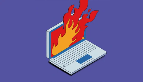 Illustration of a laptop computer with flames and smoke erupting from its screen against a purple background.