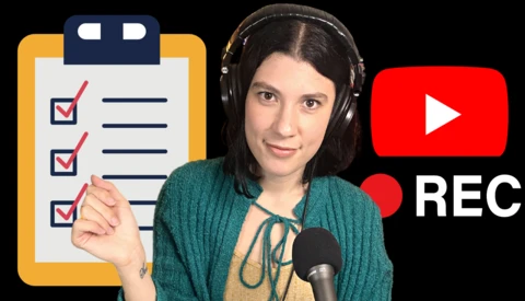Illustration of a content creator wearing headphones and speaking into a microphone, with a checklist clipboard and YouTube recording icon.