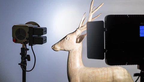 Studio lighting setup with wooden deer sculpture and professional camera equipment.