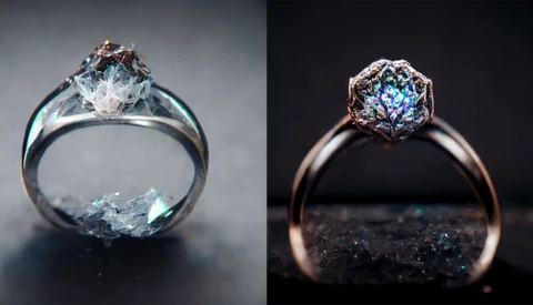 Two engagement rings with gemstone settings photographed against contrasting backgrounds.