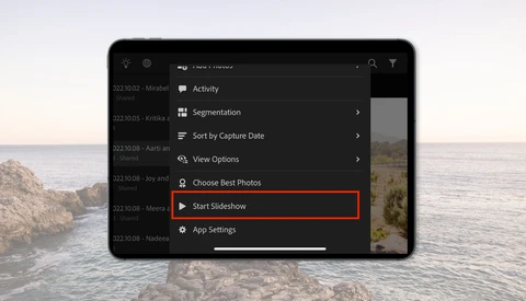 Screenshot of a mobile photo app menu with Start Slideshow option highlighted in red.