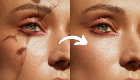 Before and after comparison of eye area retouching showing reduced redness and smoothed skin texture.