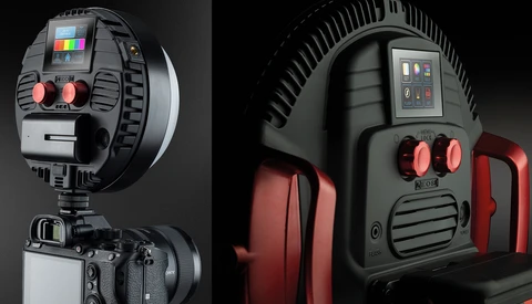 Two portable LED light fixtures shown in profile and front views, displaying control panels with red dials and illuminated indicators.