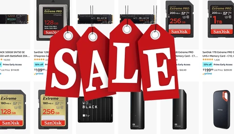 Sale promotional graphic featuring storage devices and memory cards with red price tags.