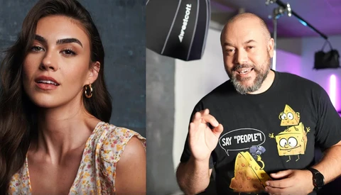 Side-by-side portrait comparison showing professional headshot lighting and studio setup techniques.