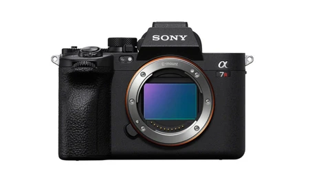 Sony Alpha a7r V mirrorless camera body front view with open sensor visible.