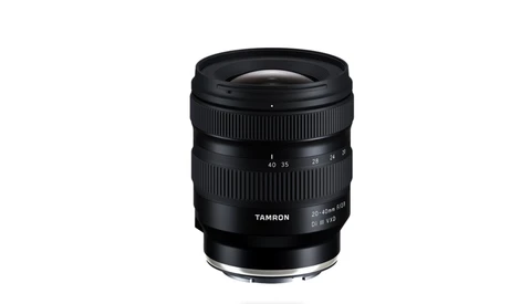 Tamron 20-40mm f/2.8 Di III VXD mirrorless camera lens with focus and zoom rings visible against white background.