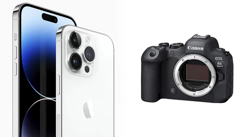 iPhone 14 Pro in white and Canon EOS R6 Mark II mirrorless camera displayed side by side.