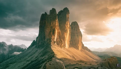 Dramatic mountain formation with vertical columnar peaks against a stormy sky with golden sunlight breaking through clouds.