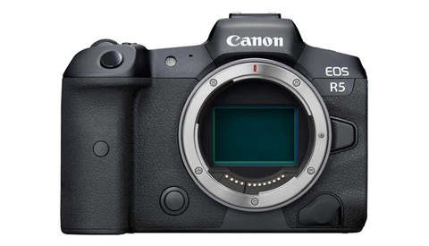 Canon EOS R5 mirrorless camera body front view with lens mount exposed.