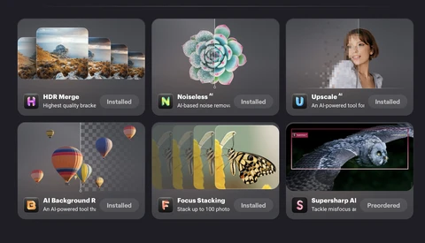 Screenshot of six AI-powered photo editing tools displayed as installable apps.