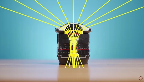 Vintage camera with yellow light rays emanating from its lens against a blue background.