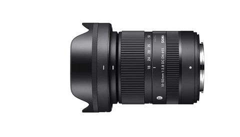 Black telephoto zoom lens with lens hood attached, shown in side profile against white background.