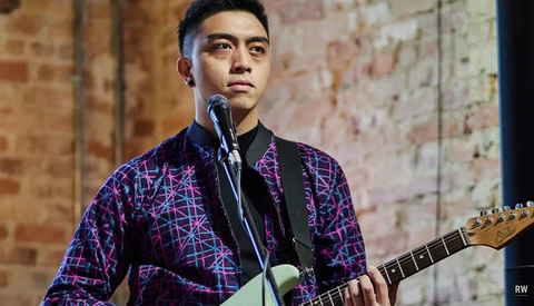Musician performing with electric guitar at microphone wearing patterned purple shirt against exposed brick wall.