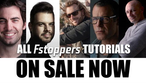 Five male photographers arranged horizontally with text overlay advertising tutorial sales.
