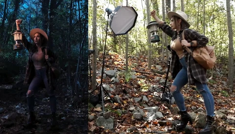 Behind-the-scenes forest photography shoot showing lighting setup and reflector positioning.