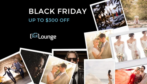 Black Friday promotional graphic for SCR Lounge photography services displaying up to $300 off with sample wedding and portrait photographs.