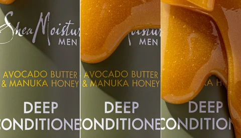 Three product bottles of Shea Moisture Men deep conditioner with avocado butter and manuka honey, shown from different angles with golden amber liquid visible.