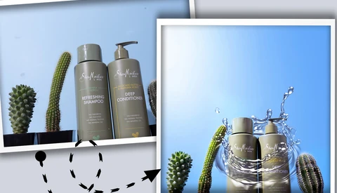 Side-by-side comparison of product photography showing cosmetic bottles with cacti against blue backgrounds.