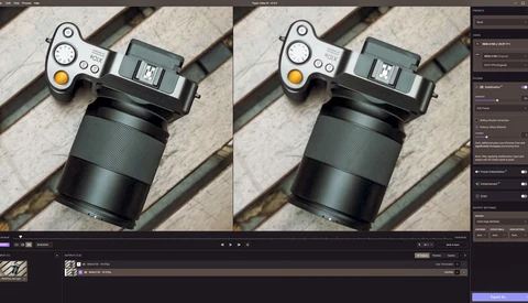 Screenshot of photo editing software showing before and after comparison of a camera and lens on wooden surface.