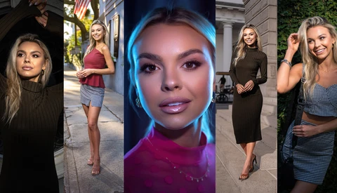 Portrait and lifestyle photography grid showing five different lighting styles and moods.