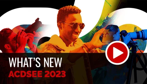 Graphic promoting ACDSEE 2023 with photographers and camera equipment in vibrant overlapping color filters.
