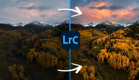 Graphic showing LRC software interface with split landscape image of golden larch forests and snow-capped mountains at sunset.