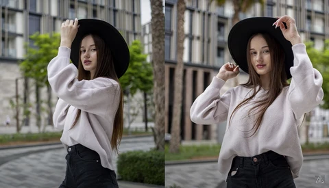 Woman in white shirt and black hat posing in urban plaza, shown in side-by-side comparison shots.