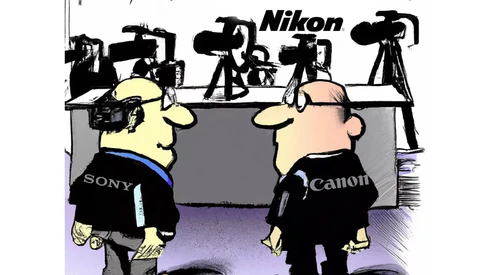Illustration of two cartoon figures wearing Sony and Canon branded clothing standing before a Nikon display with multiple camera equipment silhouettes.