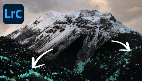 Snow-capped mountain peak with forested slopes highlighted in cyan during post-processing.