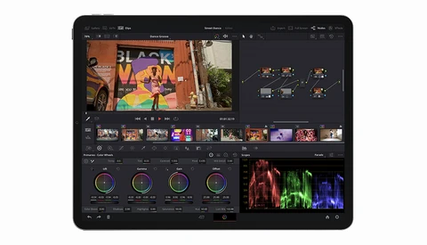 Screenshot of video editing software interface with color grading controls and timeline.