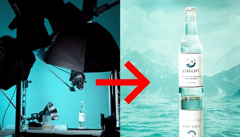 Studio lighting setup with softbox and reflectors transitioning to product photograph of a mineral water bottle against a mountain lake background.