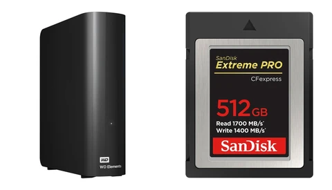 External hard drive and CFexpress memory card displaying storage capacities and specifications.