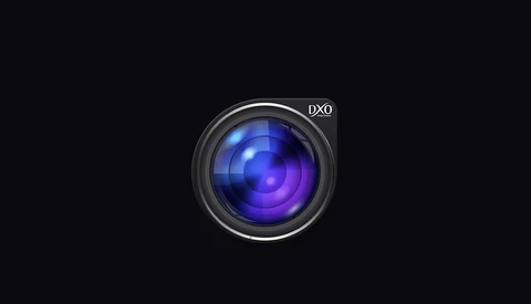 Illustration of a camera lens with glowing blue and purple light emanating from the center, labeled DXO.