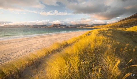 Golden dune grass in foreground with sweeping beach, turquoise ocean, and mountains under dramatic sunset clouds.