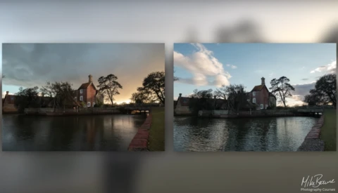 Before and after comparison of a waterside brick building at sunset and daytime with clouds.