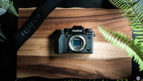 Fujifilm X-T5 mirrorless camera body displayed on wooden surface with fern plants and camera strap.