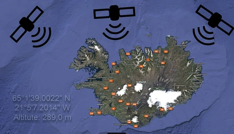 Map graphic of Iceland with satellite icons and location markers overlaid on a blue background.