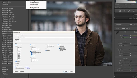 Screenshot of Adobe Lightroom preset management dialog with portrait image of man in brown jacket displayed in background.