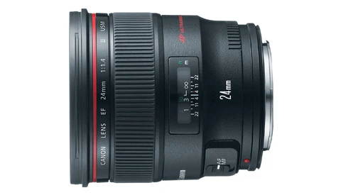 Canon EF 24mm f/1.4L USM prime lens with red ring accent and focus distance scale visible.